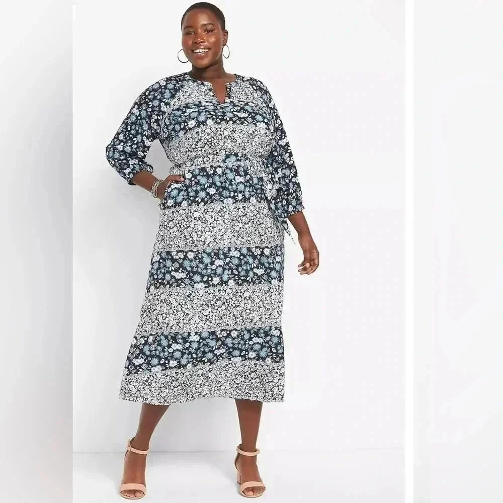 Lane Bryant blue floral midi dress size 16 long sleeves
